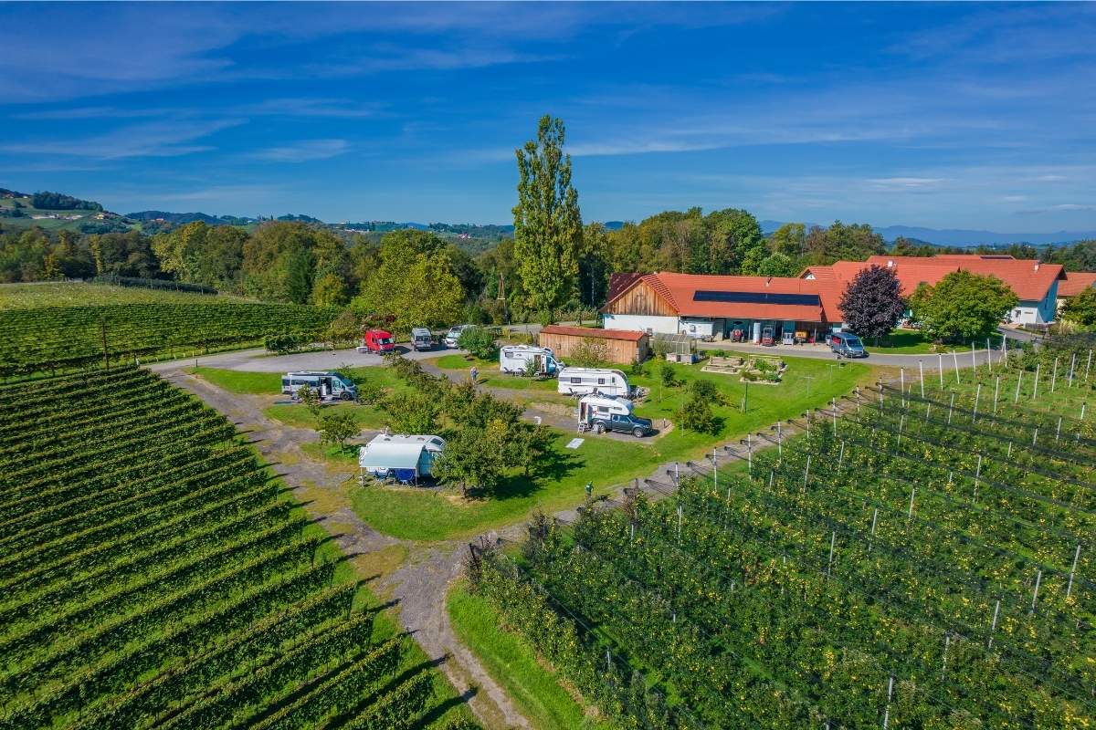 Luftaufnahme des Campingplatzes am Obstgut Ledinegg in der Südsteiermark: Großzügige Wohnmobil-Stellplätze eingebettet zwischen Weinbergen und Obstgärten bei sonnigem Wetter.